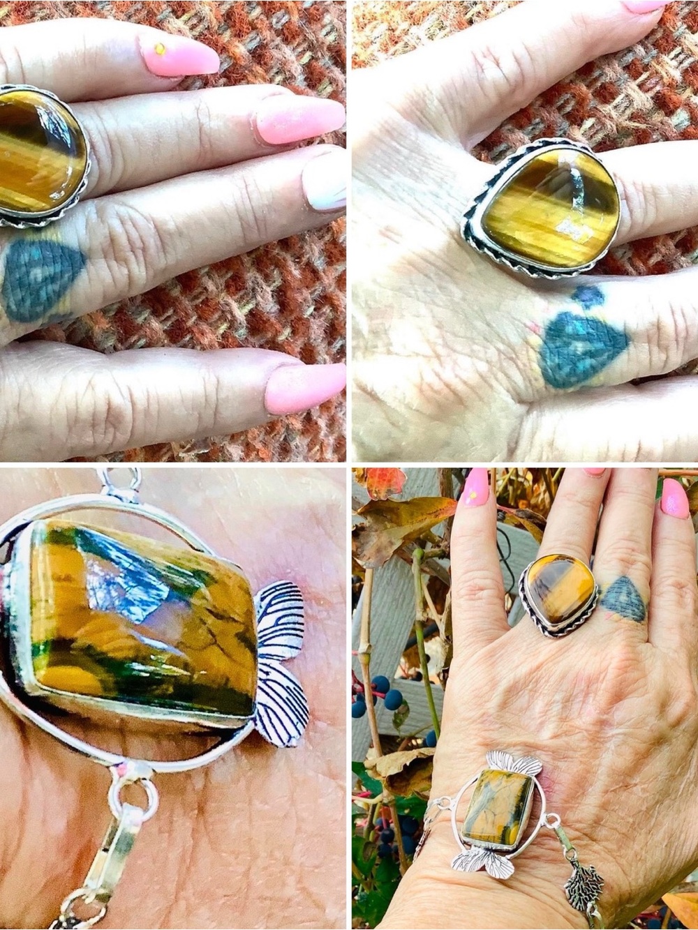 Handcrafted Tiger Eye Statement Ring & Bracelet 925 Golden Brown